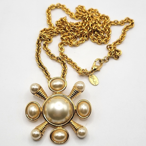 Kenneth Jay Lane Jewelry - VTG Kenneth Jay Lane Faux Pearl Maltese Cross Necklace / Brooch | SIGNED